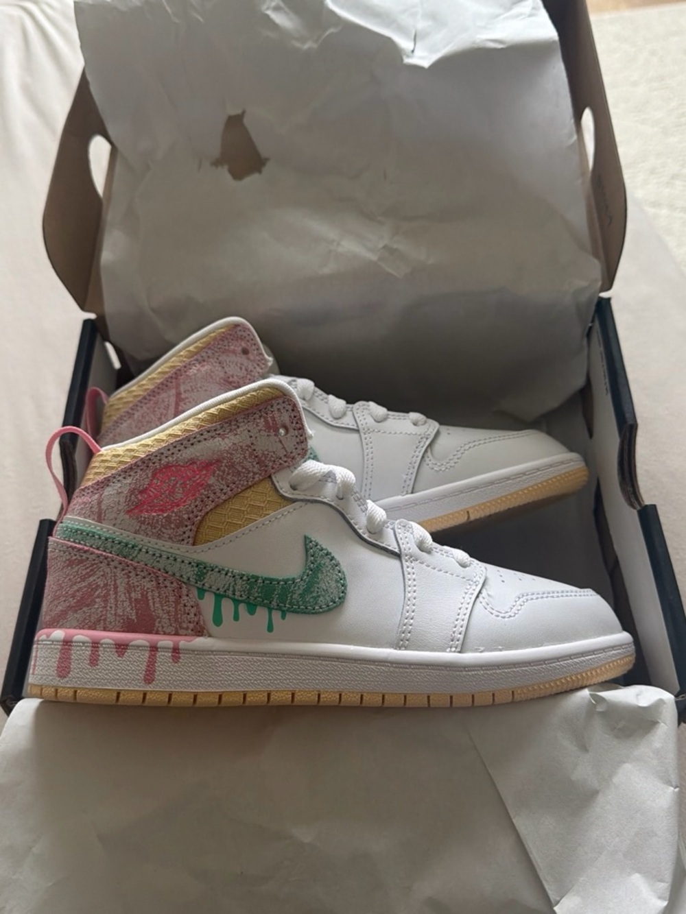 Nike White High-Top Kids Sneakers with Mint, Pink and Yellow Accents